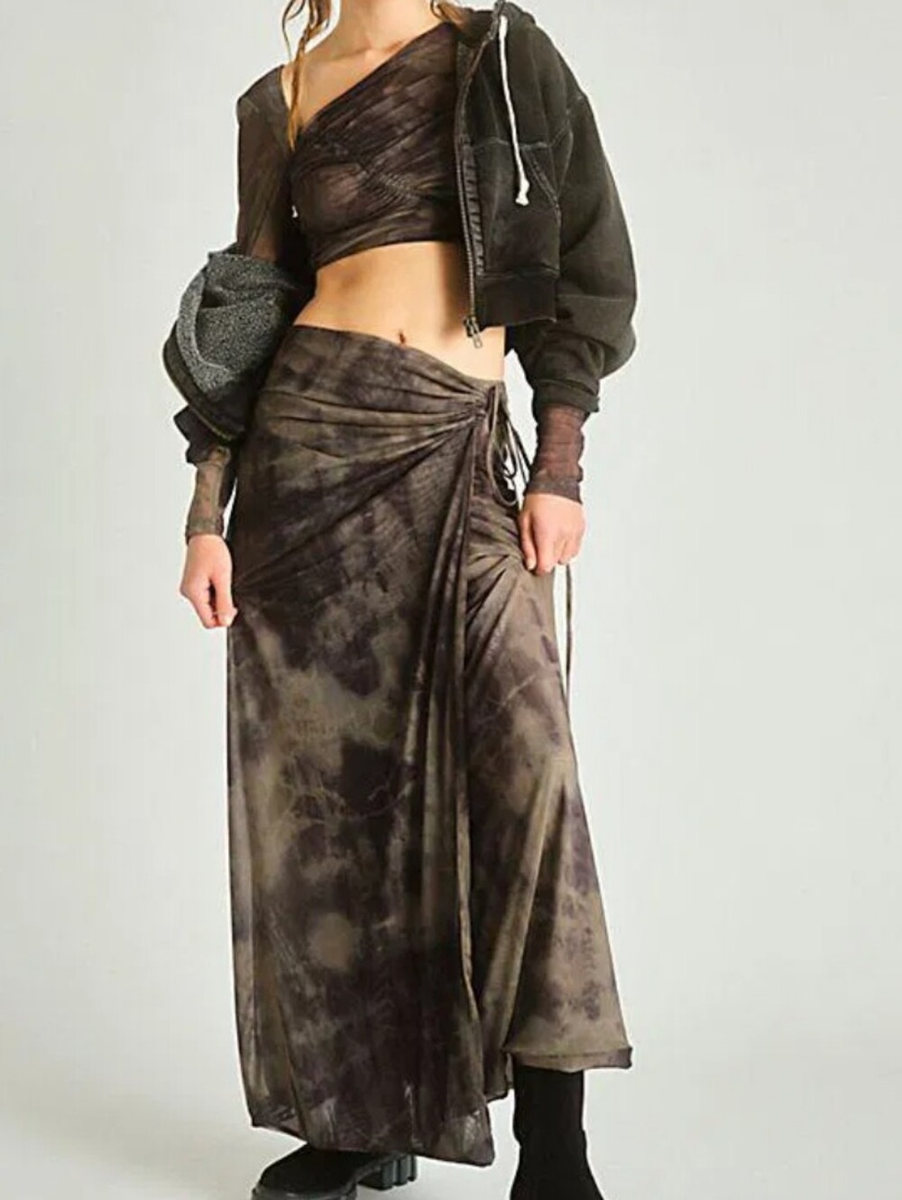 Free People Set Olive Charcoal Tie-Dye Maxi Skirt & Shirt